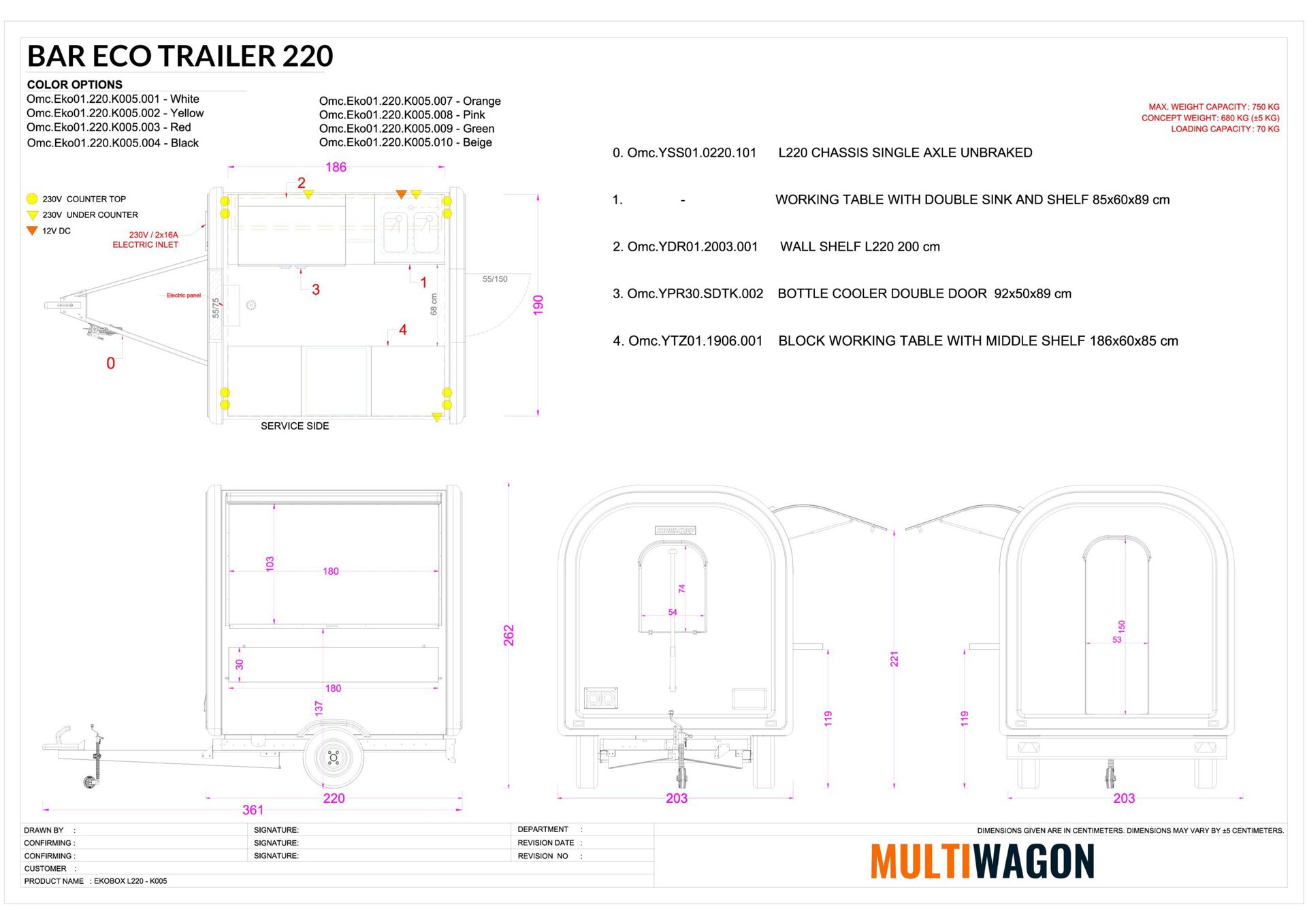 Technische Zeichnung des Bar Eco Trailer 220