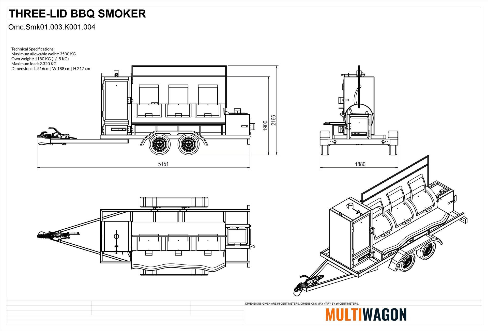 Technische Zeichnung eines Drei-Deckel-BBQ-Smokers