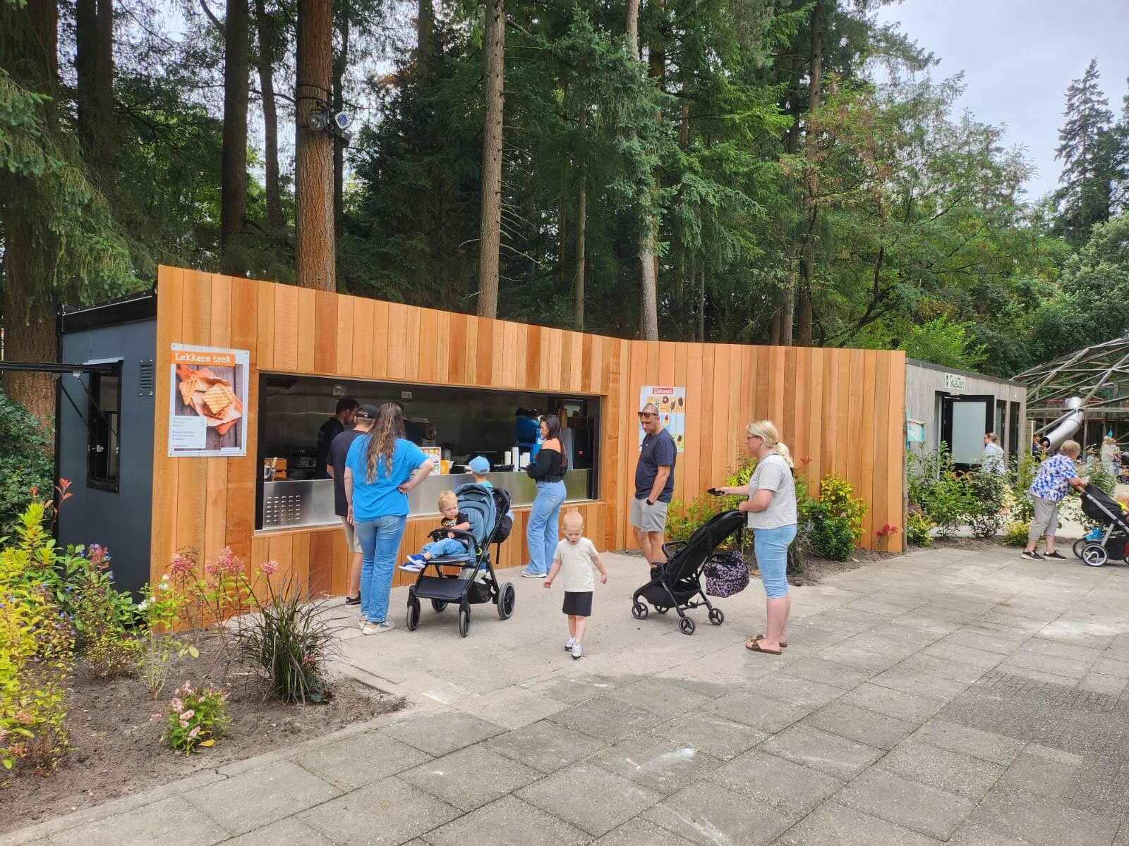 Mit Holzplanken abgedeckter Container neben einem Wald.