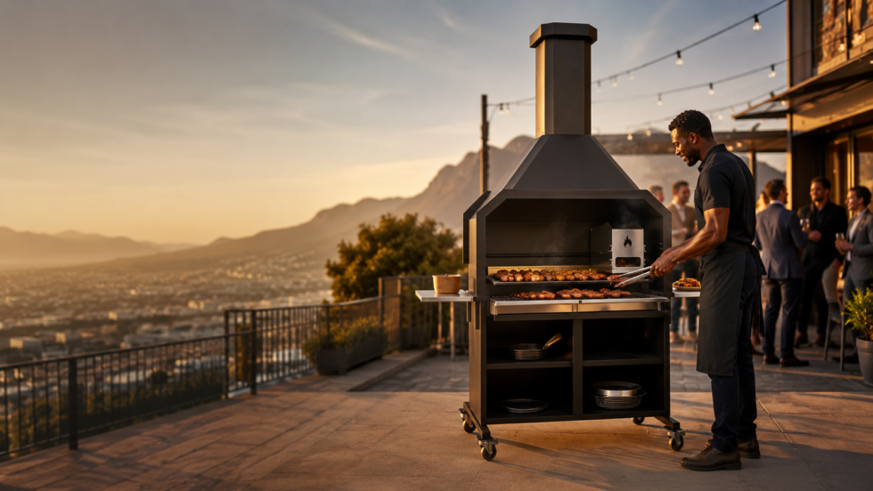 Barbecue africain (braai) sur une terrasse, avec un chef faisant griller de la viande au charbon de bois.